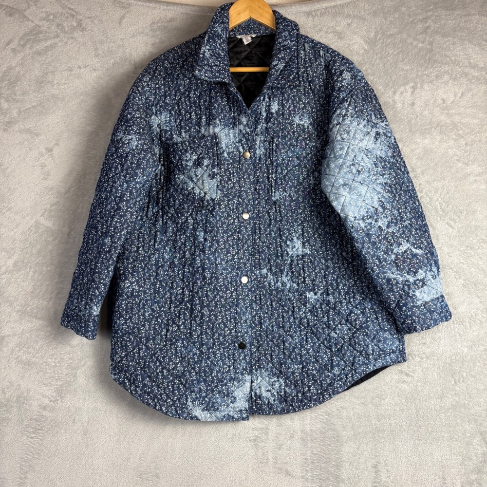 Tribal Jeans Womens Blue Floral Quilted Shacket Bleach Wash Jacket L Cottagecore